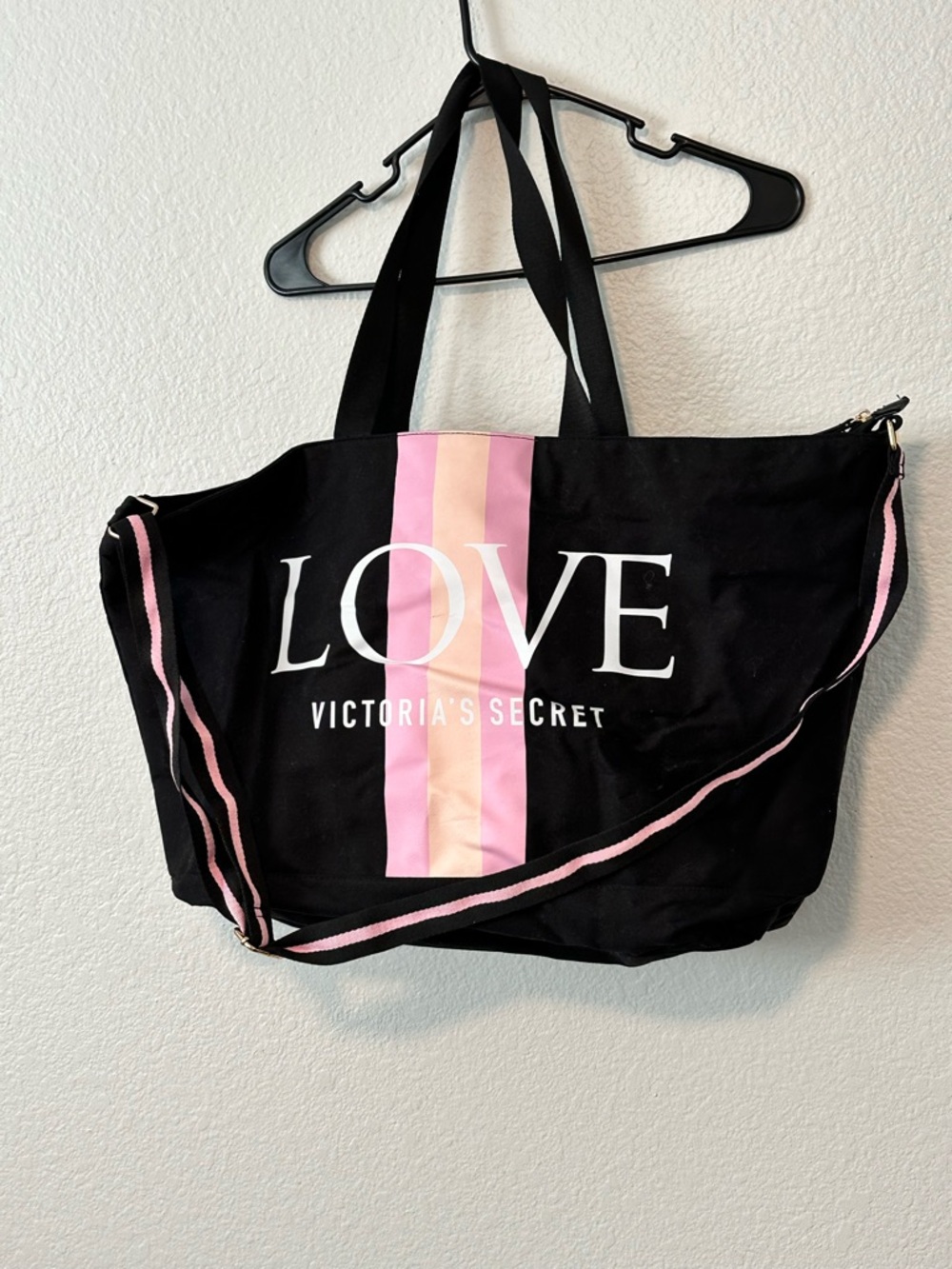 Victoria's Secret Black Tote with Pink and Cream Center Stripe